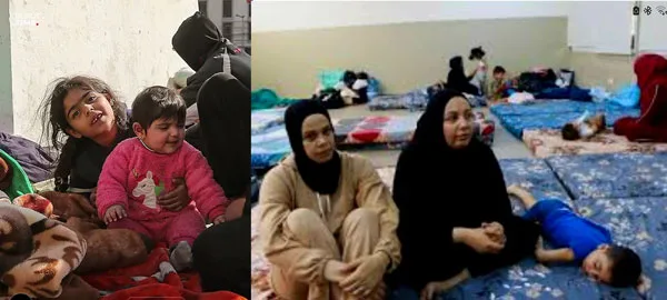 Famille réfugiée dans une salle de classe.